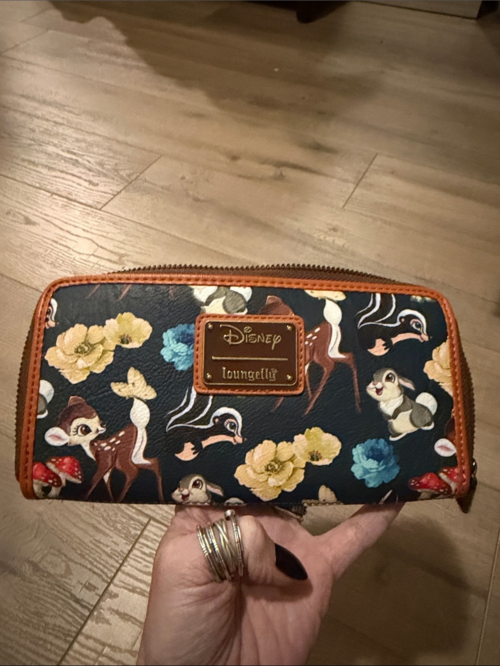 Disney Loungefly Bambi Floral Zip Wallet - Navy with Brown Trim